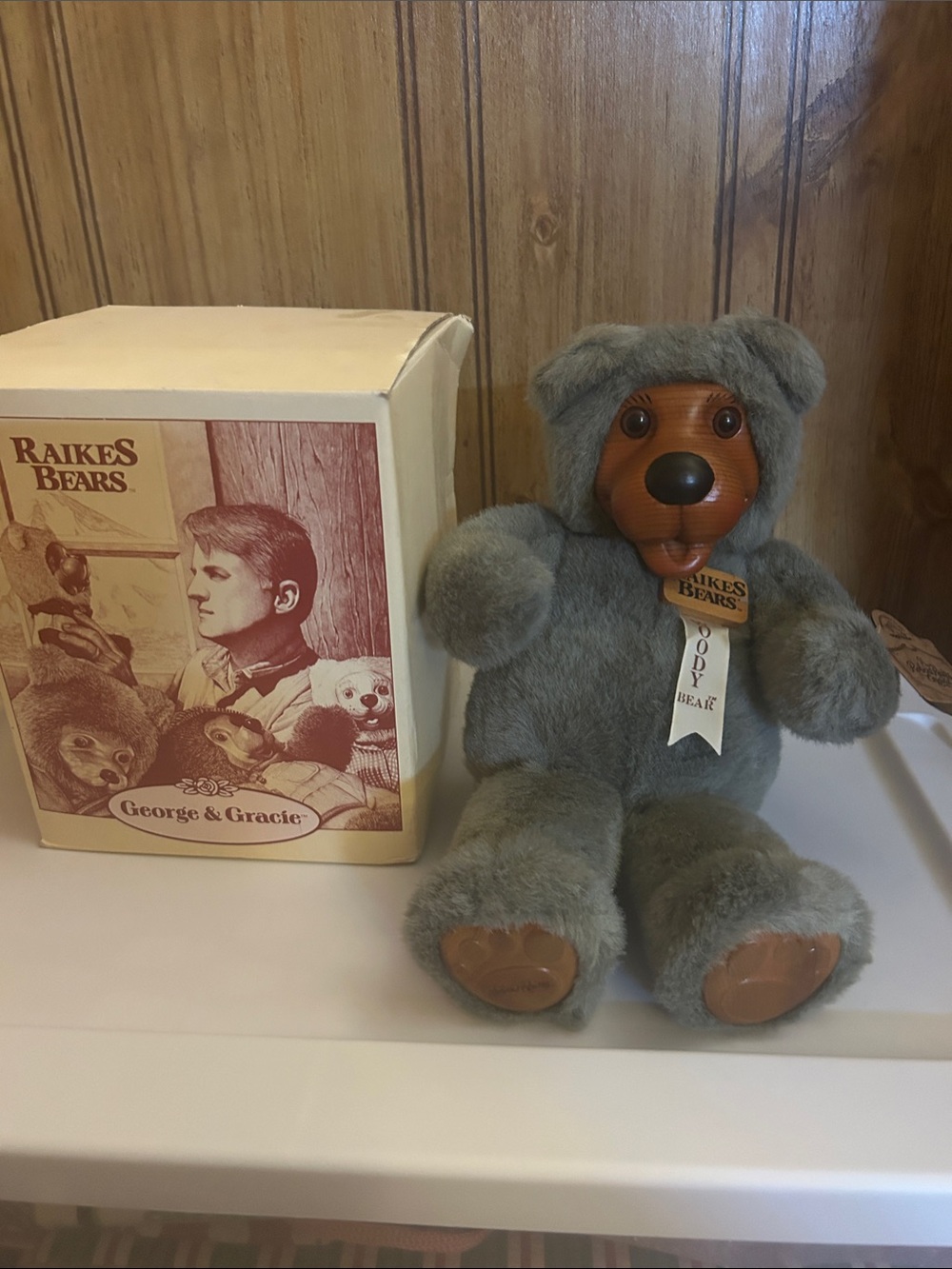 Raikes Bears Gray Plush Teddy with Wooden Face - Woody Bear